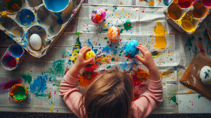 a child enthusiastically creates Easter egg masterpieces