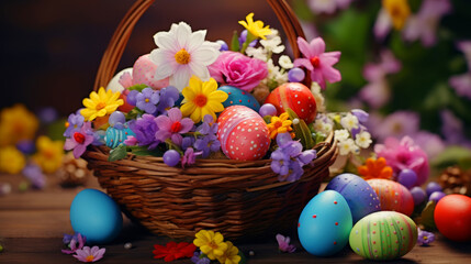 Obraz na płótnie Canvas A vibrant basket overflowing with perfect colorful handmade Easter eggs