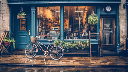 At the entrance to a quaint cafe in Amsterdam, a bicycle rests, embodying the city's iconic charm and leisurely lifestyle amidst its vibrant streetscape.