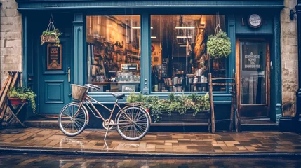 Fotobehang At the entrance to a quaint cafe in Amsterdam, a bicycle rests, embodying the city's iconic charm and leisurely lifestyle amidst its vibrant streetscape. © Людмила Мазур