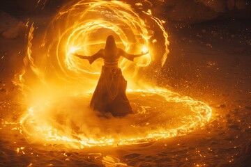 a sorcerer casting a fire spell in the desert at night - obrazy, fototapety, plakaty