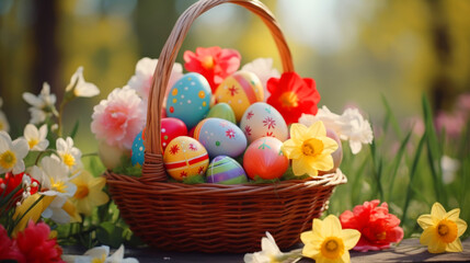 A vibrant basket overflowing with perfect colorful handmade Easter eggs