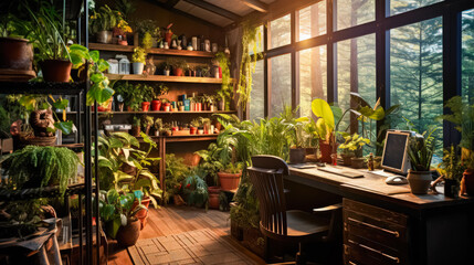 A cozy home workspace adorned with lush green plants, creating a serene and inspiring environment...