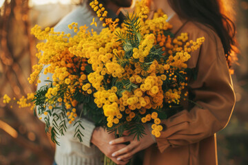Man gives woman a bouquet of mimosa