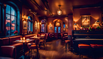 interior of a romantic jazz cafe in an old style with evening lighting and a fireplace, view of the evening street from a cafe in the city, - obrazy, fototapety, plakaty