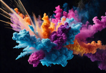 explosion of colorful powder and smoke colliding with each other on a blank black background, celebrating the Indian festival Holi,