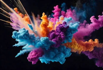 Foto op Plexiglas explosion of colorful powder and smoke colliding with each other on a blank black background, celebrating the Indian festival Holi, © Perecciv