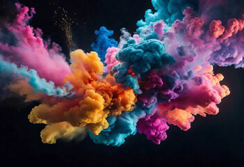 explosion of colorful powder and smoke colliding with each other on a blank black background, celebrating the Indian festival Holi,