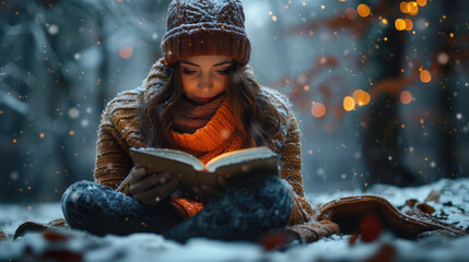 A woman engrossed in reading a book on a snowy winter evening, illuminated by warm lights.