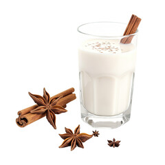 Glass of milk with cinnamon sticks and star anise isolated on white or transparent background