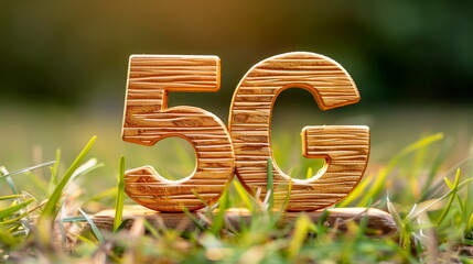 Wooden 5G symbol on grass showcases the new generation of mobile network technology in nature.