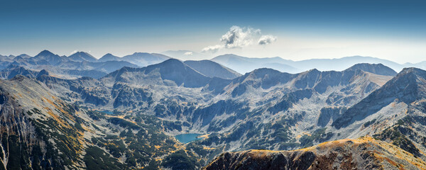 Panoramic view of the Banderishki lakes: Frog , Long  and Fish from Mt. Vihren summit. Pirin mountains in autumn sunny day. - obrazy, fototapety, plakaty