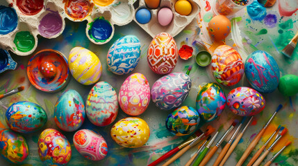 Fototapeta na wymiar Vibrant Easter egg designs arranged neatly on a kitchen table