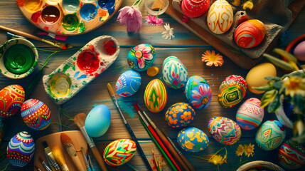 Vibrant Easter egg designs arranged neatly on a kitchen table