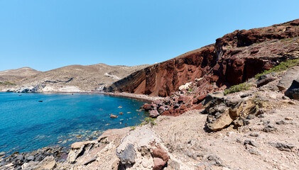 View of the Red Beach (Kokkini Paralia) from the path leading to it. Its name to the color of the vertical rocks that loom above it. Greek Islands, Santorini, European Vacation