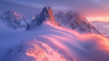 Foto op Plexiglas The beauty of green snowy peaks reflecting sunlight, purple-carpeted landscapes appearing in beautiful light and life art through long exposure photography.generative ai © Suralai