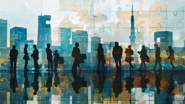 Silhouettes of business professionals in a modern cityscape. urban life and connectivity concept. ideal for corporate use. AI
