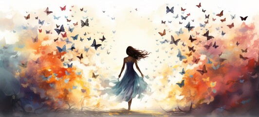 Illustration of Woman freedom and transformation. Silhouette of a woman releasing butterflies, symbolizing freedom and transformation. 8 March International Women's day greeting card
