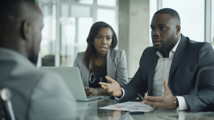 group of business professionals engaged in a serious discussion around a glass table in a modern office setting.