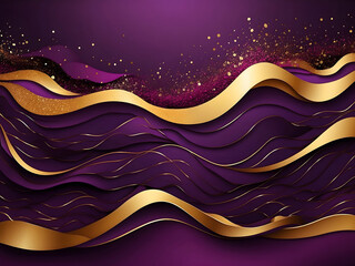 Dark violet wavy abstract background design with golden particles. Geometric retro vector design