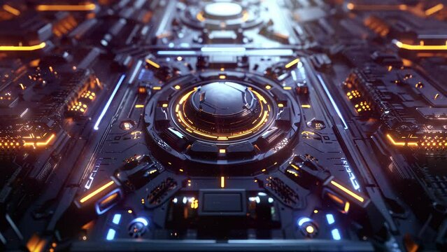 A futuristic circuit board with glowing orange and blue lights, showcasing intricate design and advanced technology. The central circular component glows brightly, Seamless loop animation render