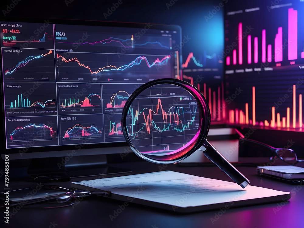 Poster data analysis and seo with a magnifier, charts, and graphs on a high-resolution neon screen design.
