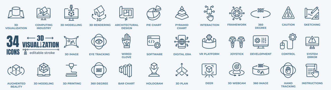 3D printing outline and 3D visualization icon set with additive manufacturing (AM) print technology editable stroke line symbols