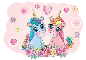 Boy and girl, pink and blue unicorns with heart, Valentine's day greeting card.