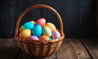 Naklejka premium large wicker basket full filled with variety of colorful Easter eggs. The basket placed on rustic wooden table. Concept of Pascha or Resurrection Sunday, Christian festival and cultural holiday
