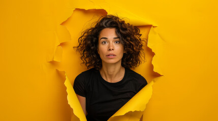 A surprised woman with curly hair peeks through a torn yellow paper background, her expression one of amazement and curiosity. - obrazy, fototapety, plakaty