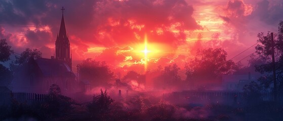 Serene Sunset Ash Wednesday Background with Church Steeples

