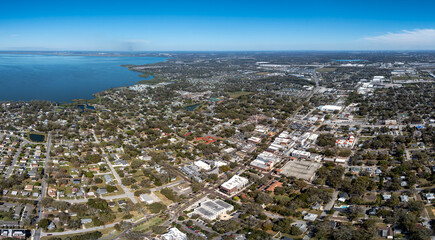 Aerial panoramic photograph of downtown Winter Garden, Florida, USA. and Lake Apopka on the left.