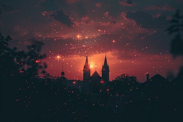 Serene Sunset Ash Wednesday Background with Church Steeples

