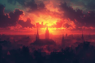 Serene Sunset Ash Wednesday Background with Church Steeples

