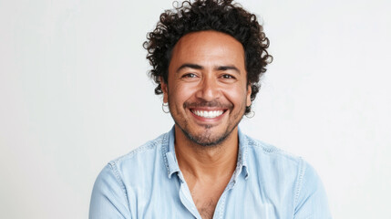 Fototapeta premium A cheerful man with curly hair smiles widely, wearing a light blue shirt against a white background.