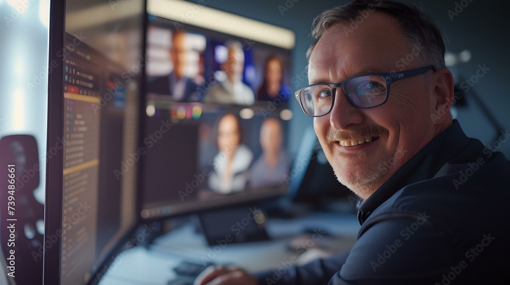 Poster smiling professional working late at tech-filled office. focused expert in front of multiple screens