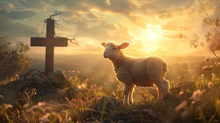Easter Dawn: Lamb of God in Serene Field

