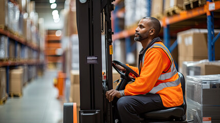 Man operating a forklift in a warehouse background