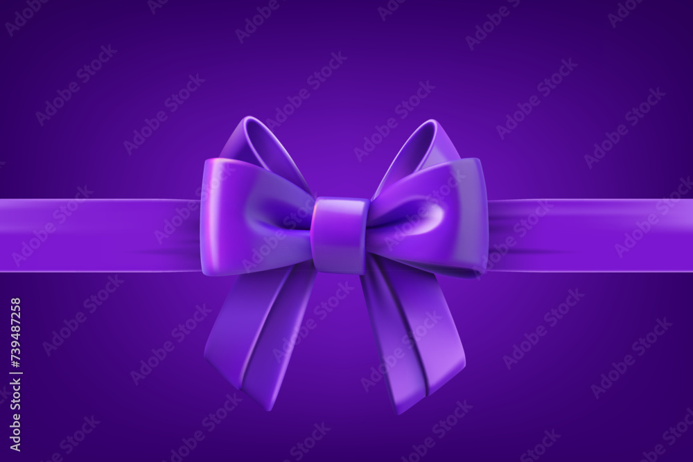 Poster violet satin ribbon with bow on dark background. 3d vector design template