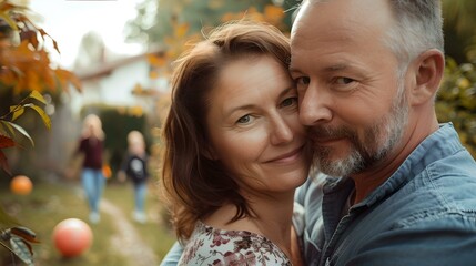 Mature couple embracing in autumn garden, focus on love and togetherness. outdoor lifestyle portrait. moments of happiness captured. AI