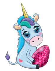 Easter unicorn cartoon character with easter egg, postcard.