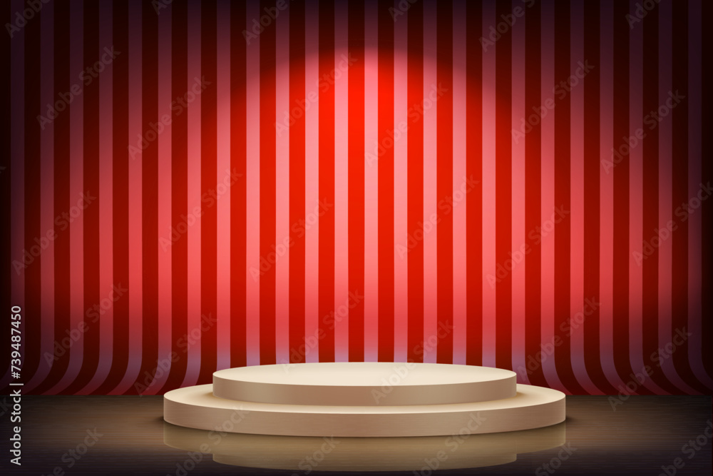 Aufkleber abstract red studio with stripes and golden podium. design product template. 3d vector mockup