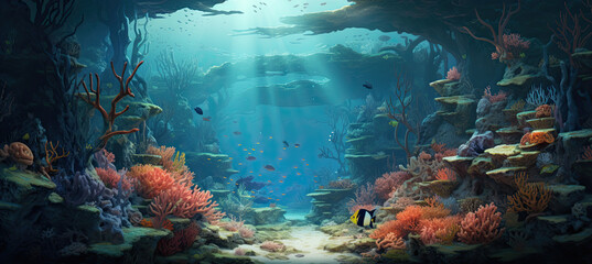 Ocean underwater landscape with clay coral background