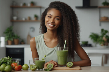 Young african woman drinking green smoothie