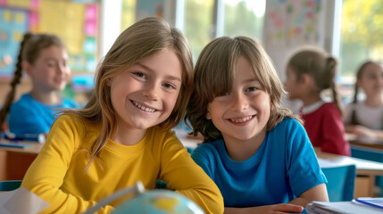 Fototapeta premium two children in a classroom setting, smiling at the camera, with other students and educational activities in the background.