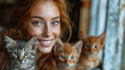 Girl with her pet cats