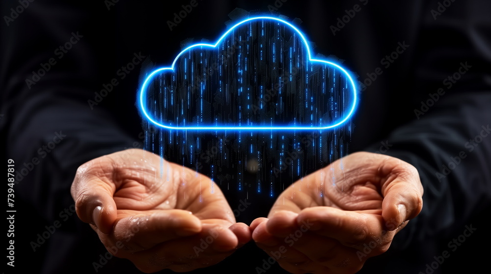 Poster hands open towards a virtual blue cloud with data streaming down symbolizing cloud data access.