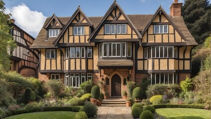 Fototapeta na wymiar A Tudor-style home with timbered facade, leaded windows, and English garden. generative AI