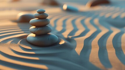 Zen stones on rippled sand, tranquil scene at sunset. perfect for wellness and meditation backgrounds. serenity captured in nature. AI