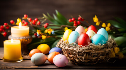 Obraz premium Colorful Easter eggs in a basket with flowers on wooden background. Greeting card on an Easter theme. Happy Easter concept.
